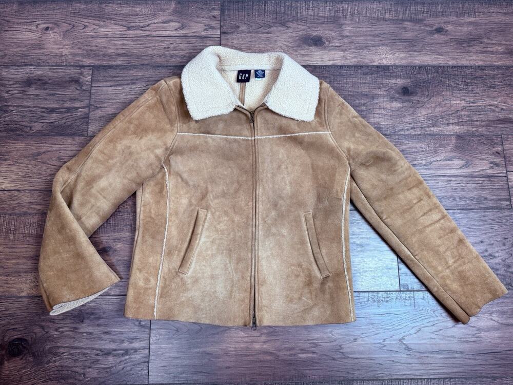 Gap Women's Vintage 90s Era Brown Suede Leather Jacket Sherpa Lining Sz L Read